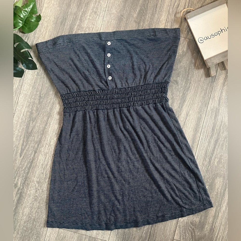 Vintage 90s y2k Striped Strapless Smocked Waist Tube Top w Button Detail. Size L
